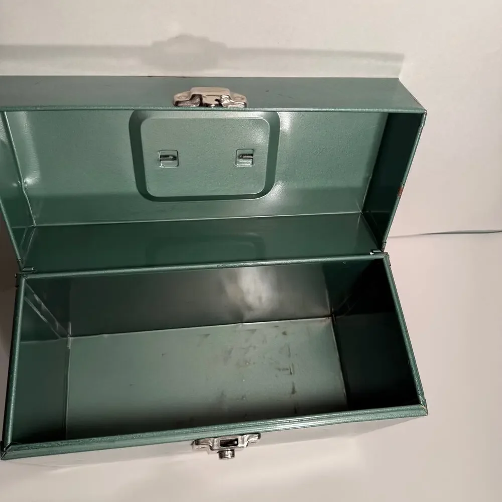 Vintage Metal File Box Hammered Stanley Green 12.5” x 4.5” x 8.5” Latch Handle